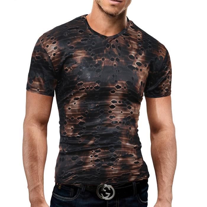 T shirt homme Col V coton Rayures Trous Dyeing Contrast Couleur Hommes Slim Rouge Polo LEOCLOTHO