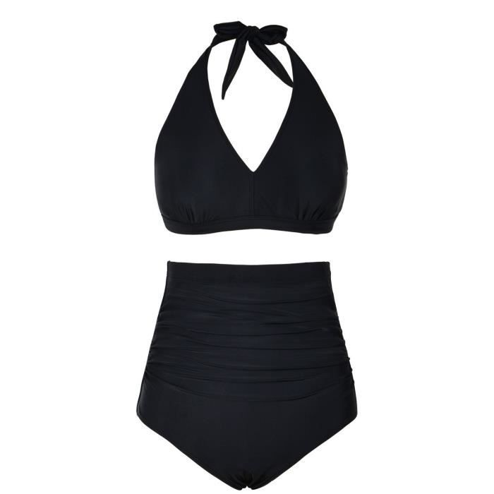Bikini 2 Pièces Femme - Haut Halter Deep V Et Short Taille Haute - Maillot De Bain Sportif En Nylon/élasthanne