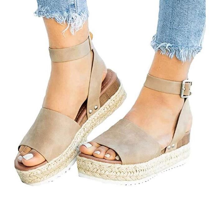 Sandale Plateforme Femme MINETOM Bout Ouvert Faux Cuir Sangle Cheville Kaki Compense affine 6cm Kaki Cdiscount Chaussures