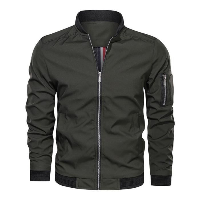 Veste Bomber Homme Printemps et Automne Casual Zippee L?�g?�re Col Montant Couleur Unie Vert 