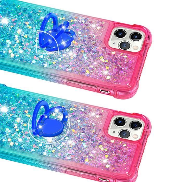 Coque iPhone 11 Pro Max, Rose Bleu Transparent Support Bague Liquide Paillette Silicone Luxeux Légère Anti-Rayure