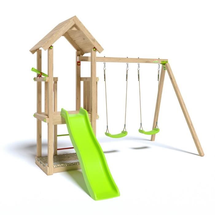 Aire de jeux en bois - TRIGANO - EASY XPLORER - 6 enfants - Bac à sable, balançoires et toboggan