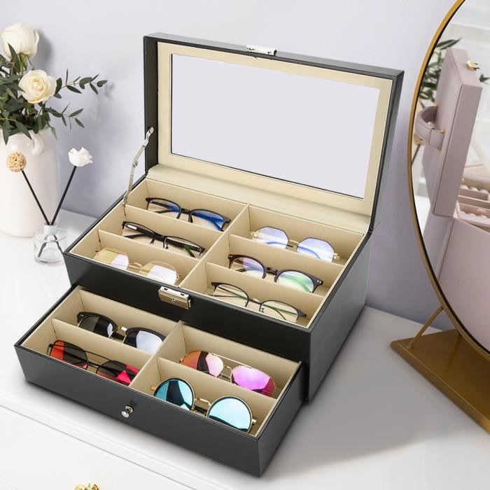 Boîte à Montres Et Lunettes 6+3 - Cuir PU Marron Avec Verre - Rangement Élégant Pour Bijoux Homme/Femme