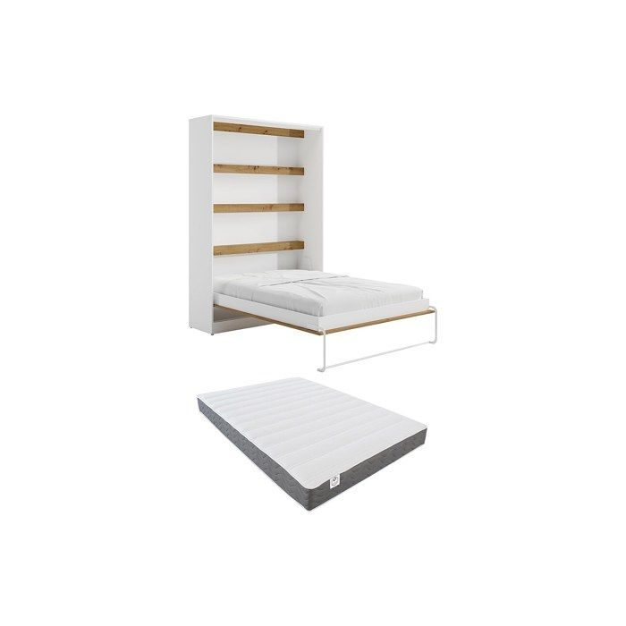 Lit escamotable 140 x 200 cm - Ouverture verticale manuelle - Blanc et naturel + Matelas - RAPILI