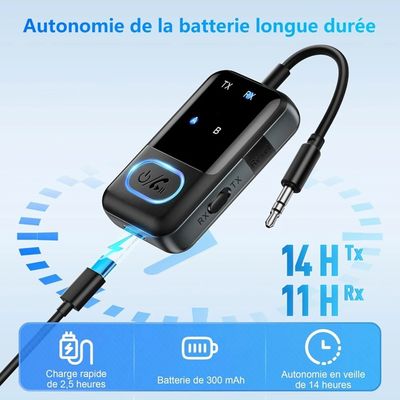 Récepteur Bluetooth 5.1 Pour Chaîne Hi-fi - Connexion RCA Ou Jack 3.5 Mm, Batterie 12h, Portée 30m, Mode Bass - 6