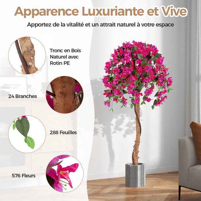 Ficus Artificiel 120cm COSTWAY - Plante Déco Intérieur/Extérieur Avec Pot Ciment