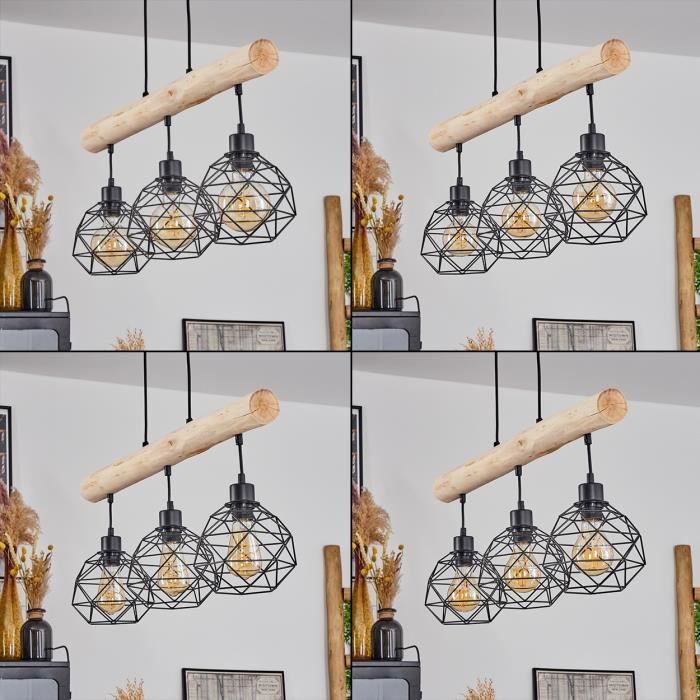 Suspension Vintage Hofstein 4 Ampoules - Métal/Bois/Corde Réglable