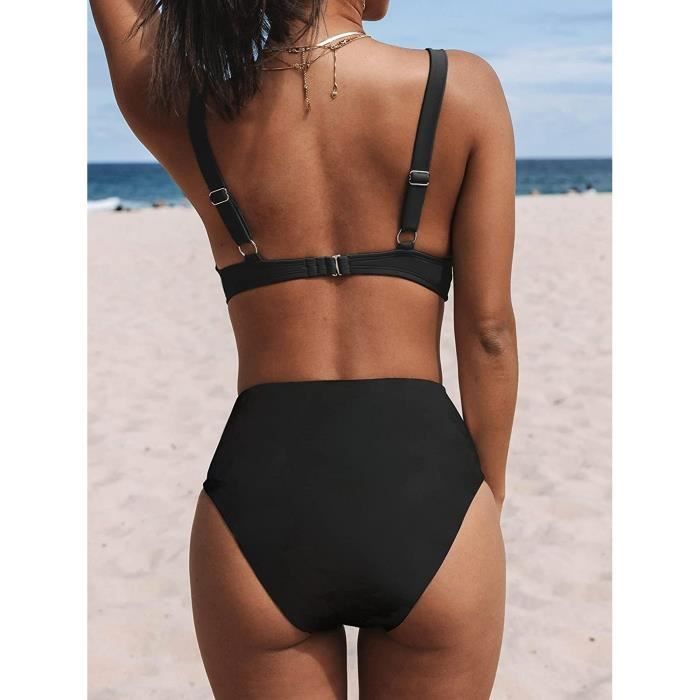 Bikini Femme Cupshe - Col En V Lacets, Bas Taille Basse - Motif Feuillu