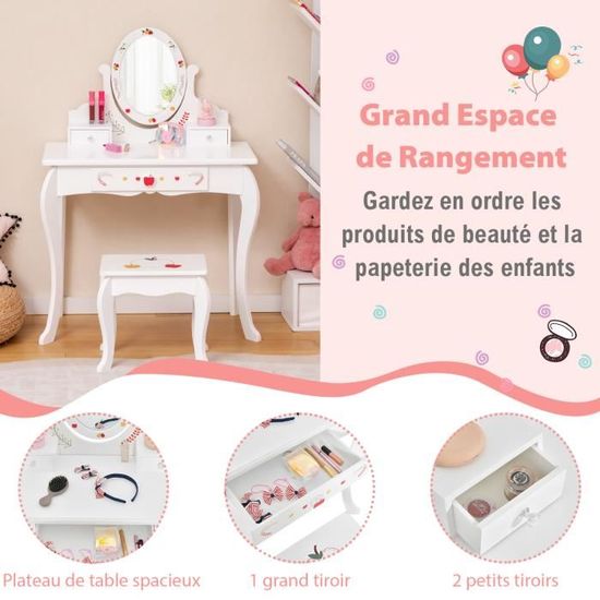 Coiffeuse Enfant Fille DREAMADE - 2 En 1 Bureau/coiffeuse - Miroir Amovible - Blanc - 20-40kg