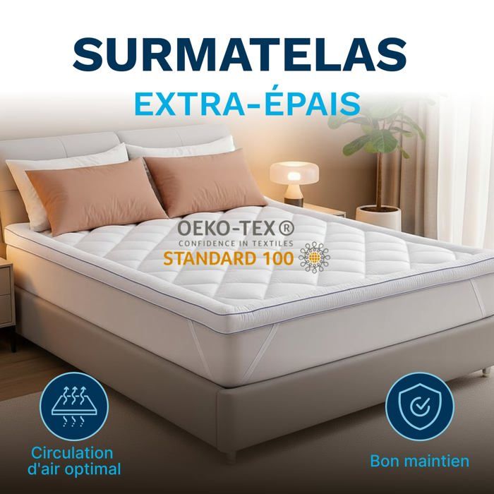 CATAVANA - Surmatelas Confort 180x200 cm - Microfibre Respirante, Hypoallergénique, Anti-acariens - 1000g - Antidérapant - Maison CATAVANA - Surmatelas Confort 180x200 cm - Microfibre Respirante, Hypoallergénique, Anti-acariens - 1000g - Antidérapant - Maison
