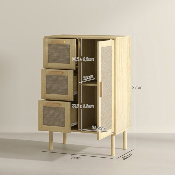 Armoire De Salle De Bain HOMCOM Style Bohème - Porte En Rotin, Étagères Réglables, Tiroir - 32x30x92 Cm - Chêne - Montage Facile