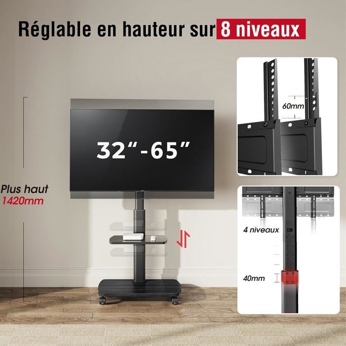 Support TV sur Pied Support TV roulettes 32-65 Pouces Pivotant 60° VESA ...