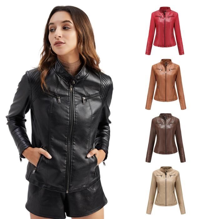 Veste en cuir PU Femmes KJEHOME Plain Slim Jacket Noir Col roule Automne Hiver Beige Cdiscount Pret a Porter