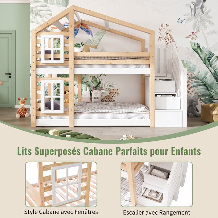 Lit Cabane Mezzanine Enfant 90x200 Cm - Avec Tiroir, échelle, Protection, 2 Places, Naturel & Blanc