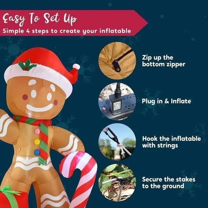 Bonhomme En Pain D'épice Gonflable De Noël 2,5 M - Éclairage LED - Pour Extérieur/intérieur - Décoration Jardin - 4