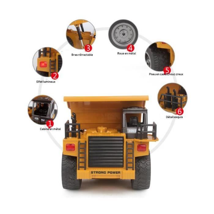Camion Benne Télécommandé – Grue 360°, Flèche Rétractable, LED, Tout-terrain, Jouet De Chantier éducatif, Dès 3 Ans