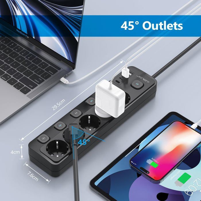 NVEESHOX Multiprise Electrique (16A/4000W), Multiprise 10 Prises avec 4 Ports USB, Bloc Multiprise Parafoudre et Surtension avec Interrupteur, Câble 2Mpour Maison Bureau,Noir