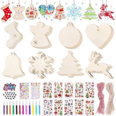 Kit DIY Décorations Noël En Bois – 322 Pièces, 10 Motifs à Peindre, Feutres, Pompons, Ficelle – Création Sapin, Suspensions