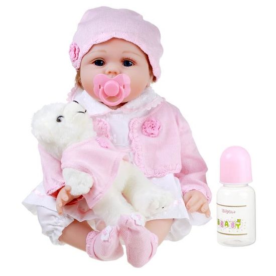 Poupée Poupon en Silicone - 55cm - Fille Jouet cadeau avec ours en peluche et biberon