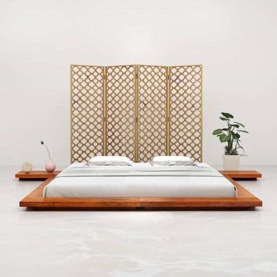 Cadre de lit Futon japonais 220 x 320 x 11 cm brun Bois d'acacia massif avec finition à l'huile à la couleur de marron miel