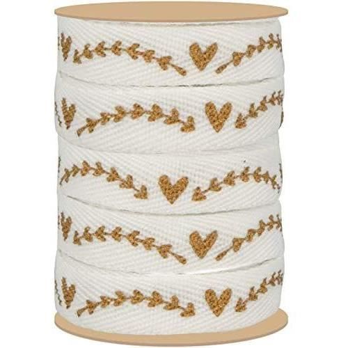Ruban blanc et doré cœur végétal 1 cm x 5 m