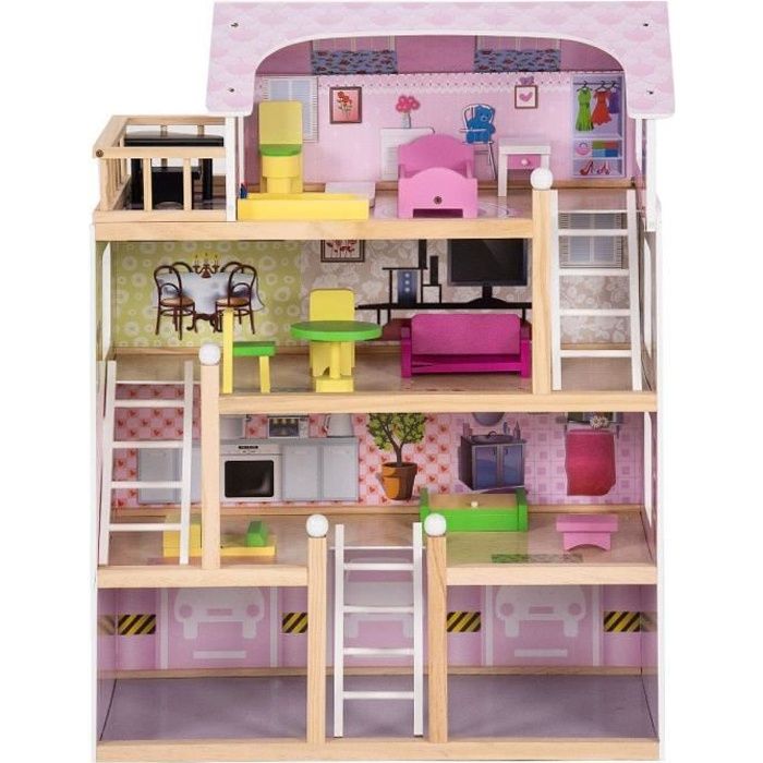 Maison de Poupée à 4 Etages en MDF, Maison de Poupée avec Accessoires Jouet pour Les Filles 60,5 x 29,5 x 81CM