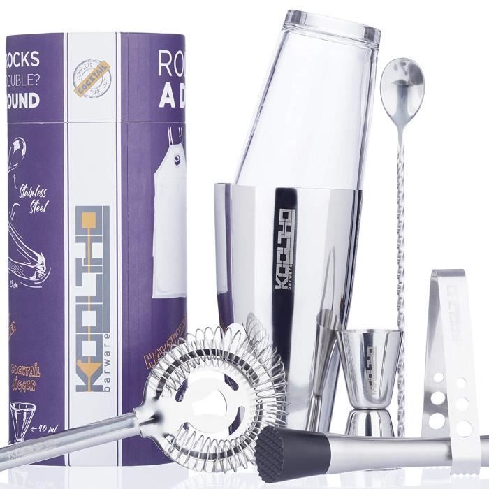 Kit Cocktail Shaker Boston Inox et Verre avec Accessoires Cocktail de Barman. Set Cocktail Professionnel dans un Coffret Cadeau O