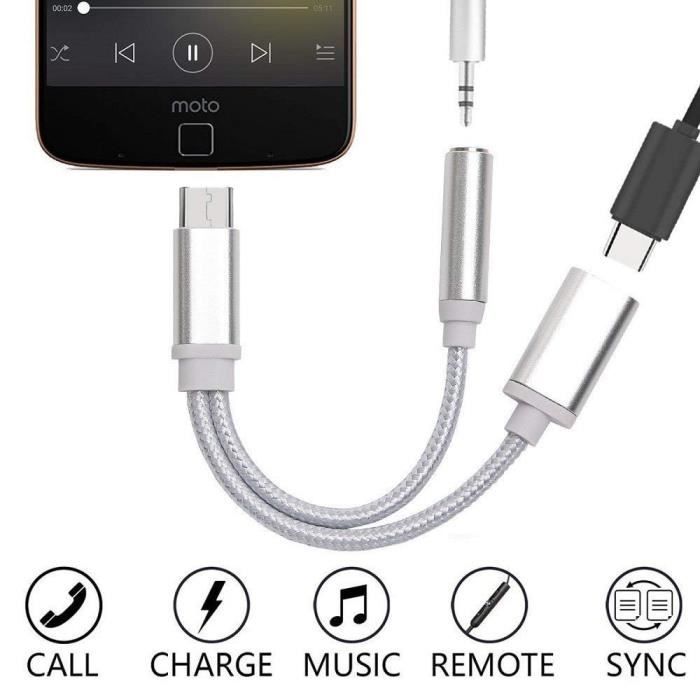 Adaptateur Type C-Jack pour Smartphone 2 en 1 Audio USB-C Ecouteurs Chargeur Casque (ARGENT)