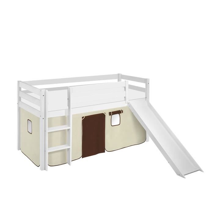 Lit surélevé ludique JELLE marron beige - avec rideaux et toboggan - LILOKIDS - blanc laqué