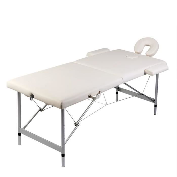 🏩6908 Table pliable de massage - TABLE ESTHETIQUE - TABLE DE SOIN beauté hauteur de 59 cm à 81 cm- Blanc crème 2 zones cadre en alu