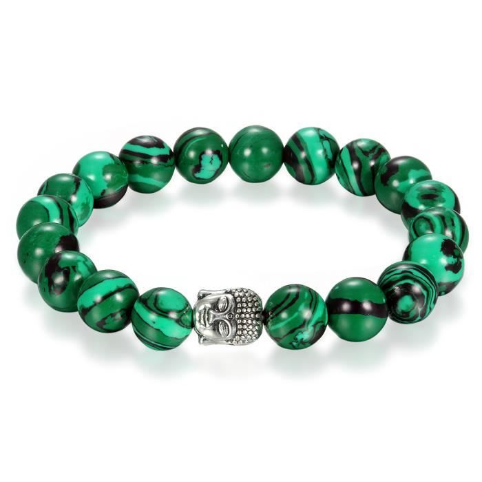 Flongo Bracelet Pierre d’énergie Malachite Perle Boule Bouddha Mala Alliage Fantaisie pour Femme et Homme