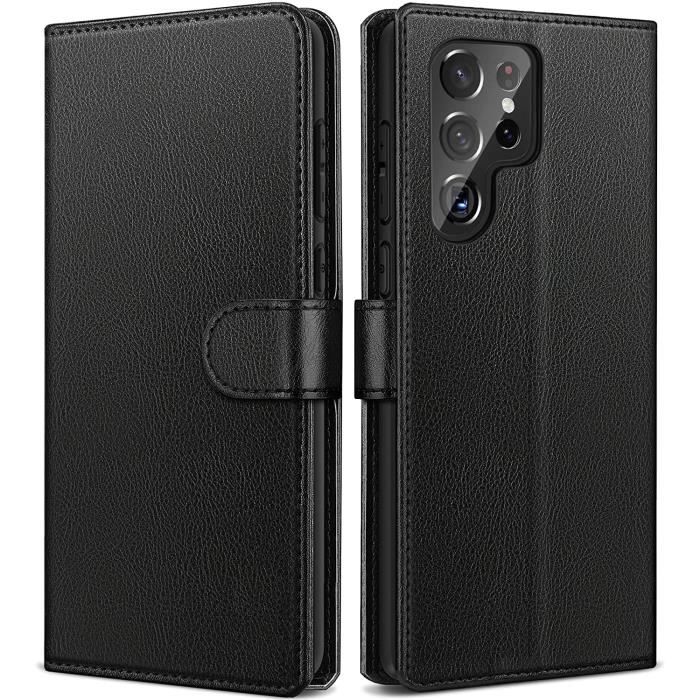 Coque Galaxy S22 ultra Simili Cuir Rabat Noir Porte Carte