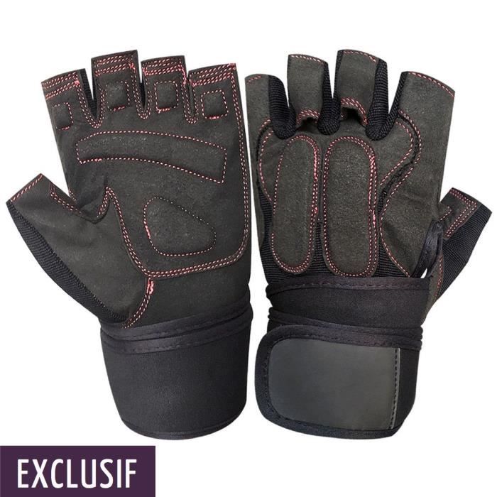 Gants Fitness Musculation En Cuir Amara Noir Couture Rose - Homme