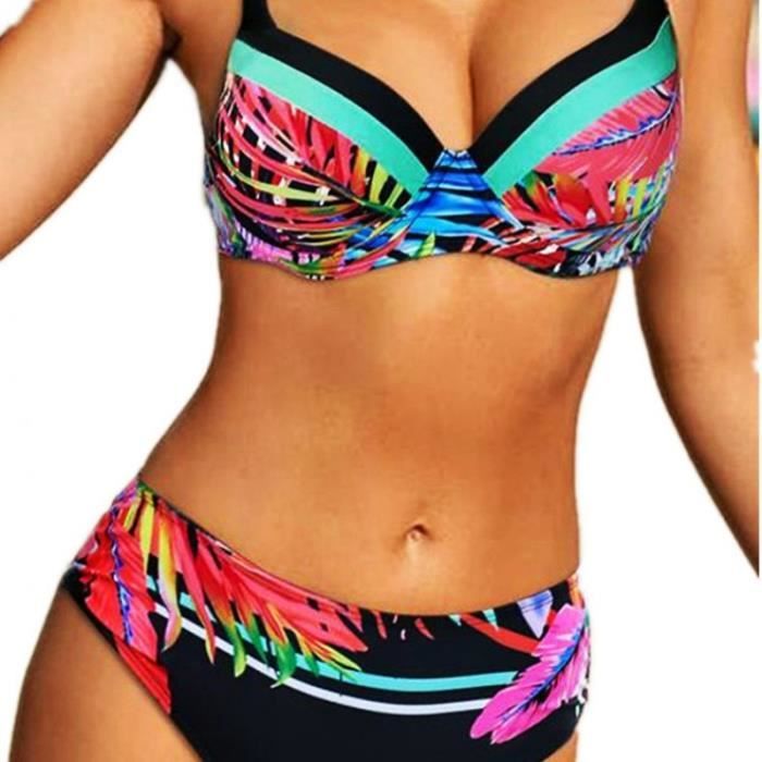 Maillot de bain 2 pièces pour femme bikini à lacets maillot de bain de plage multicolore fendu taille haute