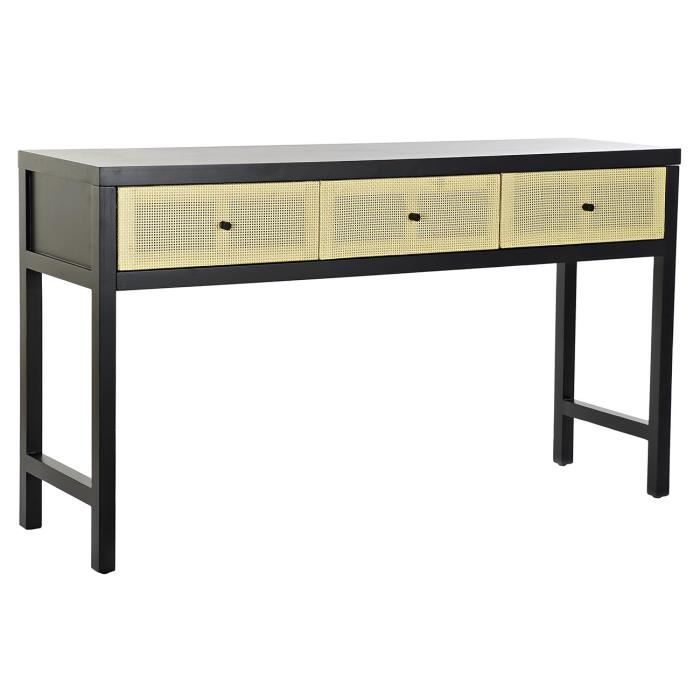Console Meuble console en bois de sapin coloris noir et rotin naturel - Longueur 135 x Profondeur 38 x Hauteur 76 cm
