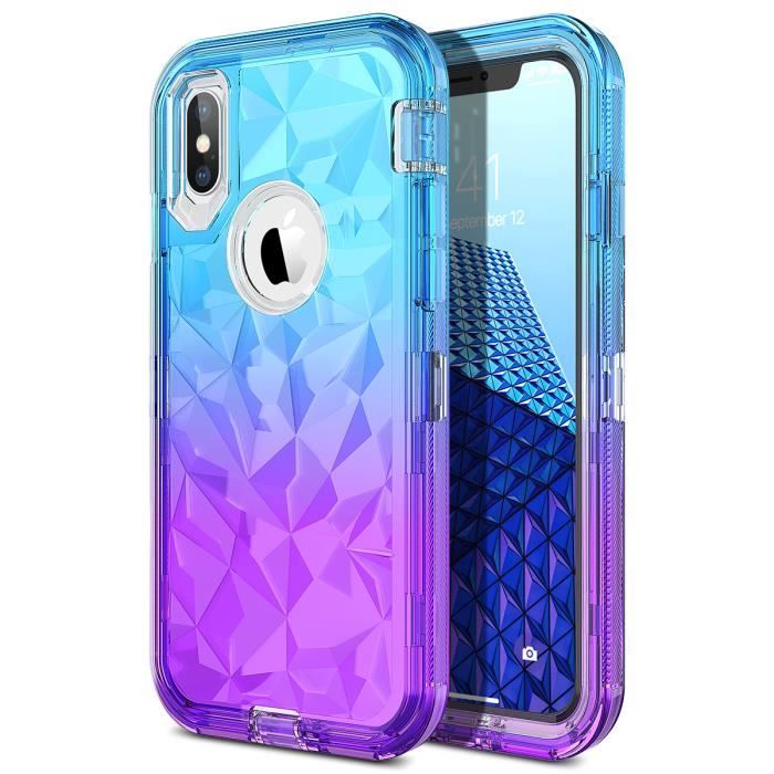SmartLegend iPhone X/XS Dur Coque Tatouage de Diamant,360 protection totale, Anti-choc,Anti-dérapant(Dégradé bleu,Pourpre)