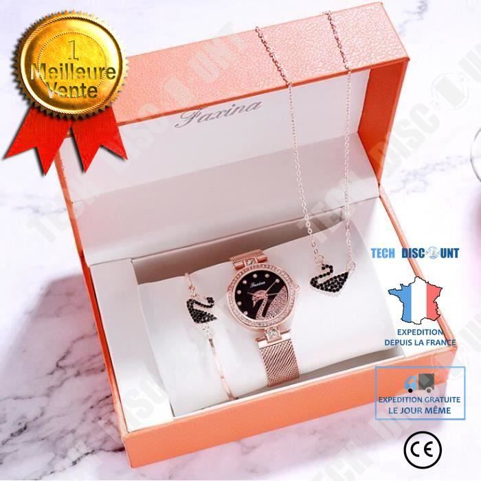 TD® Coffret Cadeau Chaine Pendentif Bracelet Cadeau Montre à Quartz Femme Fille Ado - Montre à quartz - Forme de Cygne - Etanche