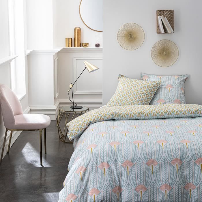 TODAY Parure de lit 2 personnes 240X260 Coton imprime bleu Art deco SUNSHINE TODAY