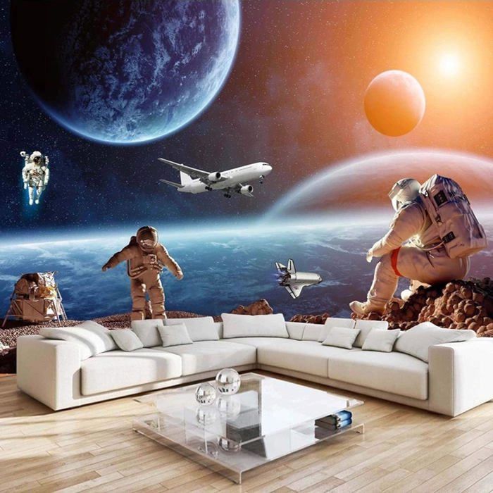 Papier Peint Intissé 3D Mural Planète Espace Astronaute Avion Mur De ...