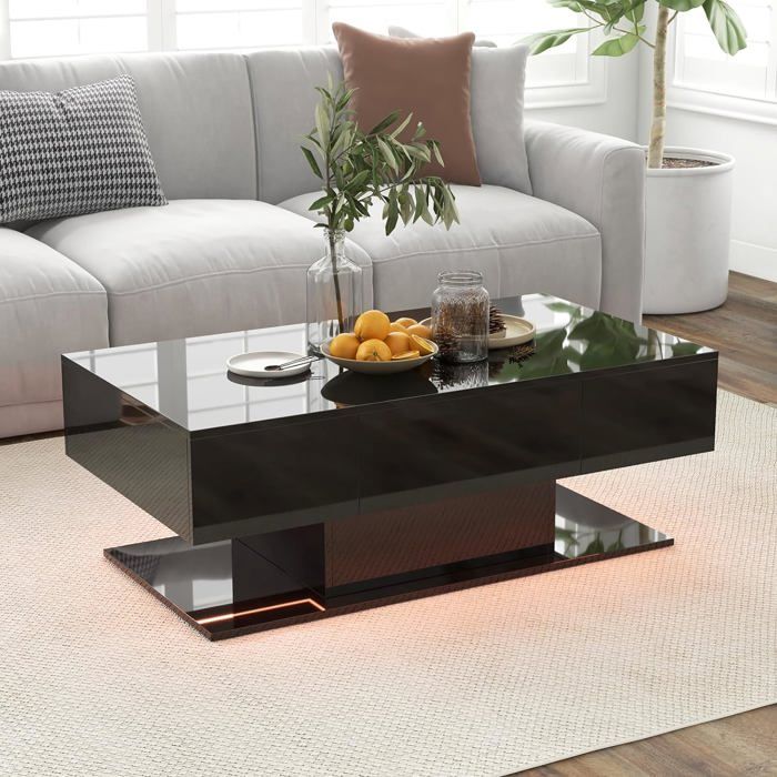 GOPLUS Table Basse LED avec Télécommande 110x60x40cm-2 Niveaux avec 2 Tiroirs-20 Couleurs de LED Charge 100KG Noir