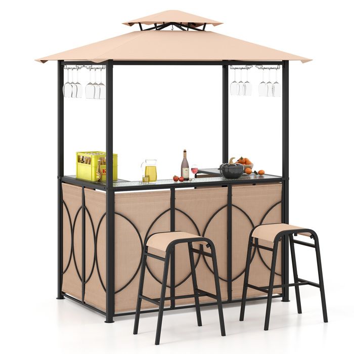 Tonnelle de Barbecue avec 2 Tabourets de Bar COSTWAY-Plateau en Verre Trempé-Etagères de Rangement-Auvent à Double Niveau-Marron