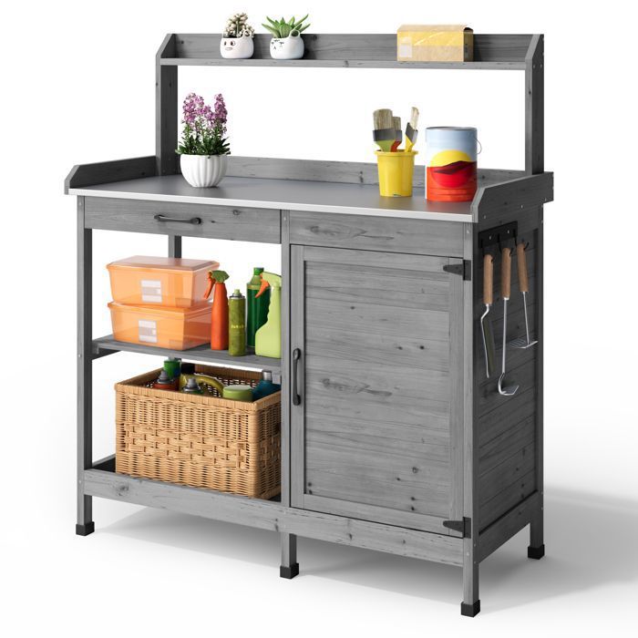 GOPLUS Cuisine Extérieur Enfant Avec Auvent Réglable - Table De Rempotage En Bois, Évier, Tableau Noir & 4 Pots - Jeu Éducatif Dès 3 Ans (136x77x56,5 Cm)
