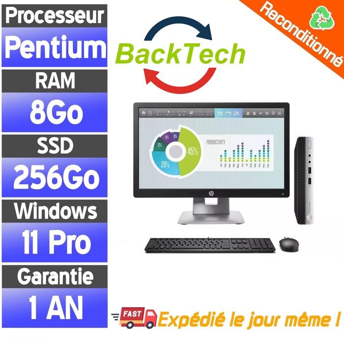 Mini PC avec Écran 22 - 8Go de RAM - 256Go SSD - Pentium Gold - Windows 11 - Dell