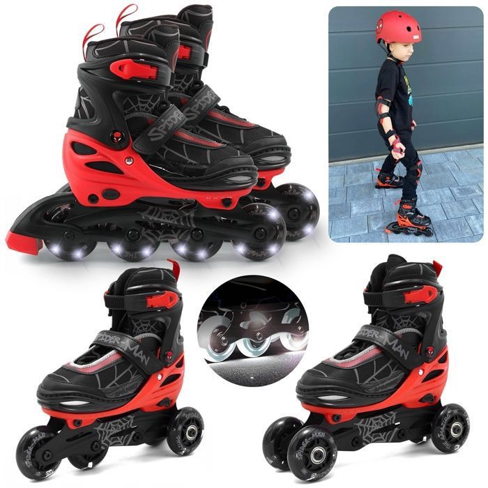 MARVEL Spider-Man – Rollers soft boot 3-en-1 pour enfants réglables à LED – classiques PATIN A ROULETTE en mode quads 34-37 EU