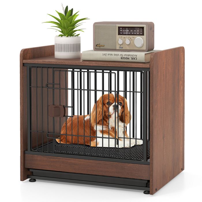 Comparer les prix de GYMAX Cage Chien Intérieur 62 x 49,5 x 61 CM, Plateau Amovible, Porte Verrouillable, Patins Réglables pour Animaux Petite ou