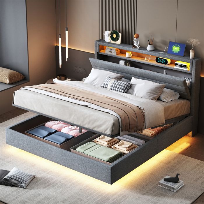 Lit coffre - SINGULARITY - 140x200 - Sommier hydraulique flottant - Tête de lit réversible LED/USB - Lin gris