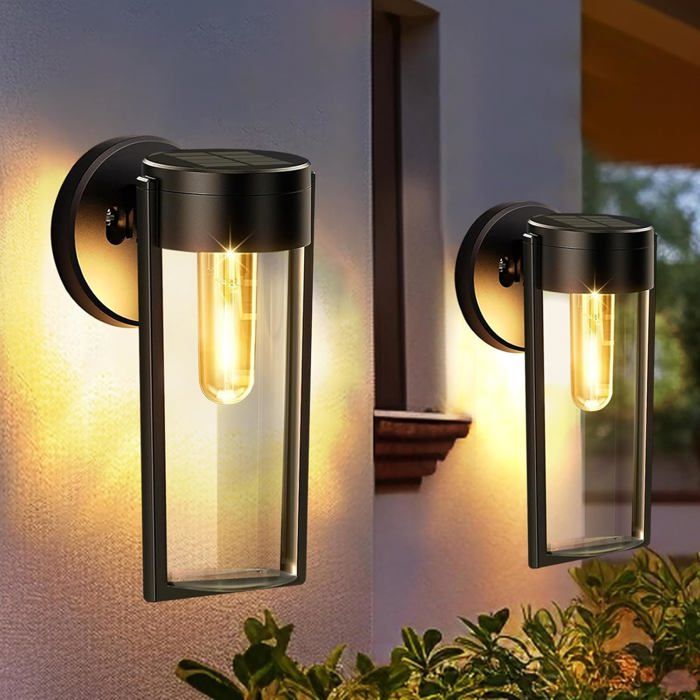 2 Pack Applique Murale Exterieur Solaire IP65 Etanche Lampe Murale Blanc Chaud Luminaire Exterieur avec Abat Jour Appliques