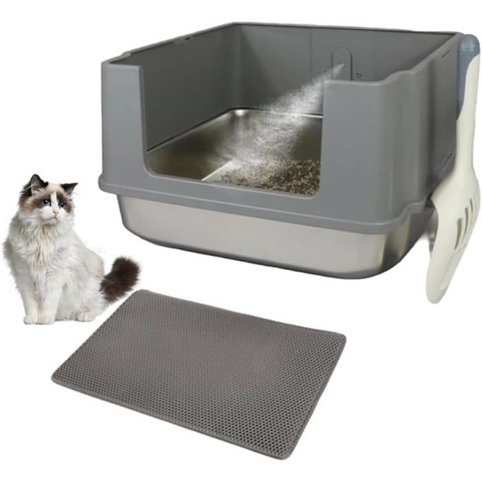 Meilleurs prix pour BAC A LITIERE - WOODOURS - Bac litière inox avec pulvérisateur couvercle amovible nettoyage facile gris clair