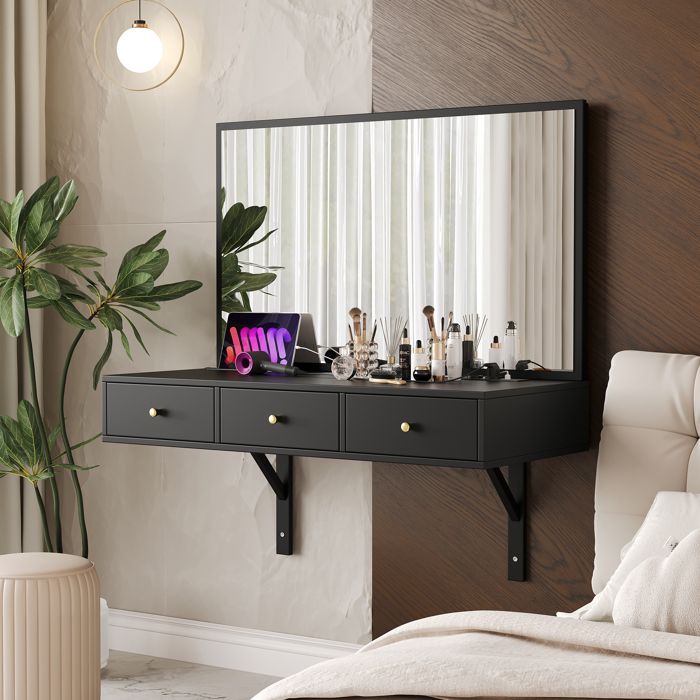 Coiffeuse suspendue - MODERNLUXE - Noir - 3 tiroirs - Miroir intégré - Prise de courant