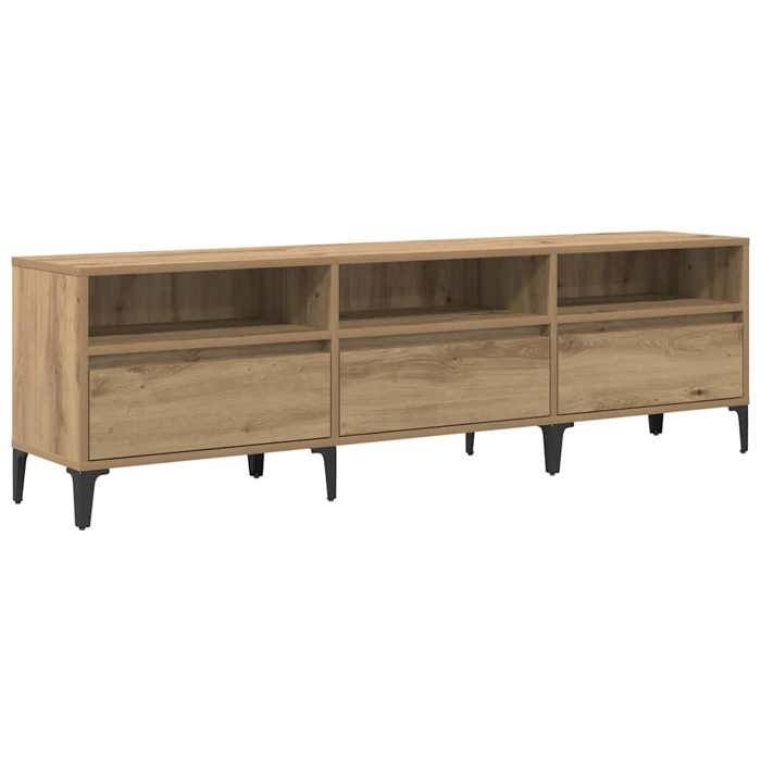 Meuble TV en chêne artisanal - vidaxl - 150x30x45 cm - Tiroir intégré - 3 étagères - Bois dingénierie - Pieds en fer